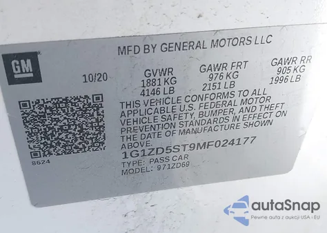 2021 Chevrolet Malibu Fwd Lt z USA, uszkodzony, nr VIN 1G1ZD5ST9MF024177